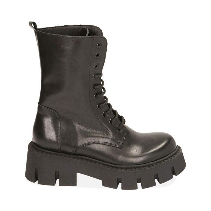 Botas militares de cuero negro, tacón de 5,5 cm., Primadonna, 20A512040PENERO035