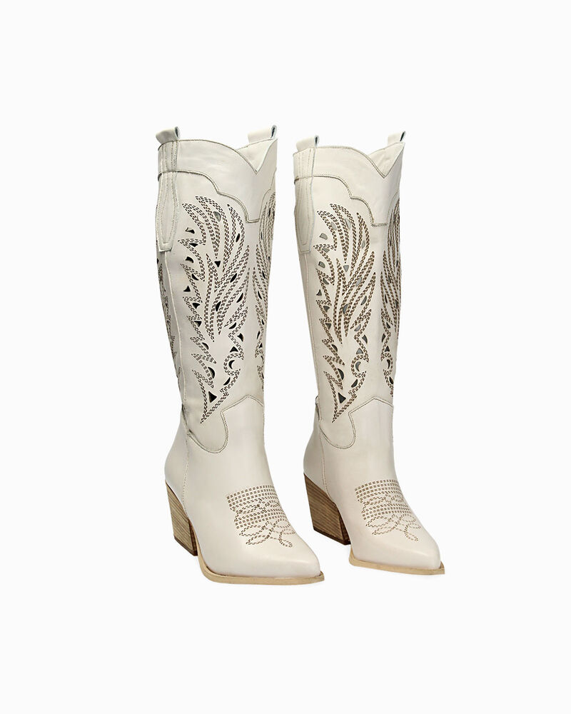 Stivali texani in pelle panna, tacco 7 cm image number null