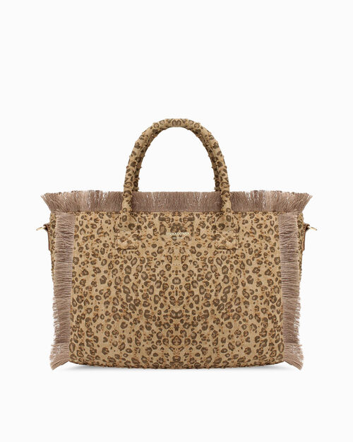 Borsa canvas leopard-marrone con tracolla, MULTI COLOR