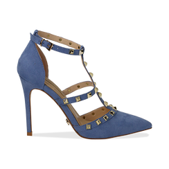 Décolleté azzurre in microfibra con cinturino a T borchiato, tacco 10,5 cm ,