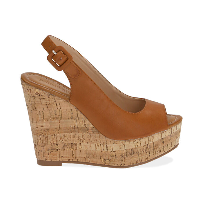 Sandalias destalonadas coñac, tacón cuña 12 cm | Primadonna Collection