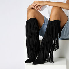 Stivali neri in microfibra con frange e tacco 10 cm, Primadonna, 262130677MFNERO036, 003 preview