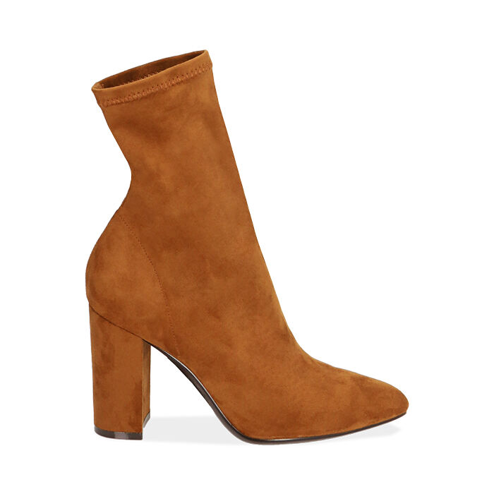Ankle boots cognac in microfibra, tacco colonna 9,5 cm , Special Price, 203026535MFCOGN037