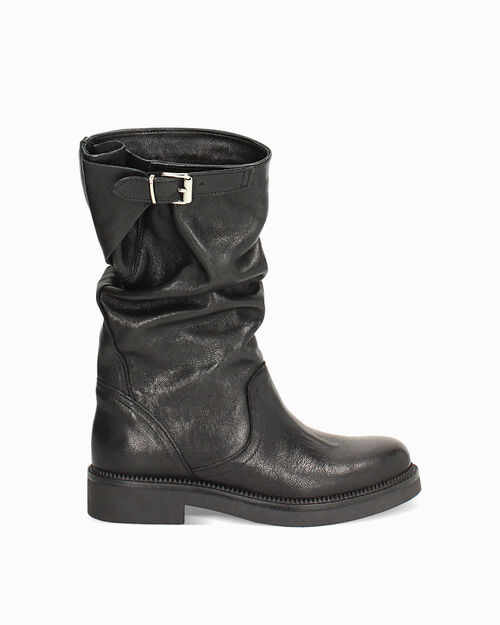 Boots motard noirs en cuir v&eacute;ritable avec d&eacute;tails, BLACK