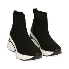 Chaussures à enfiler noires en tissu, semelle compensée 8,5 cm , 182817930TSNERO036, 002a