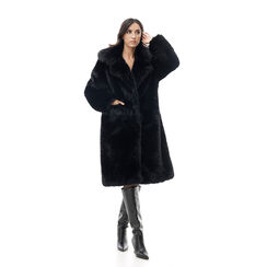 Cappotto nero longuette in pelo sintetico, 24B402421FUNEROS, 001a