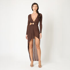 Vestido de mujer color marrón oscuro en tejido, Primadonna, 25C924404TSMOROM, 002a