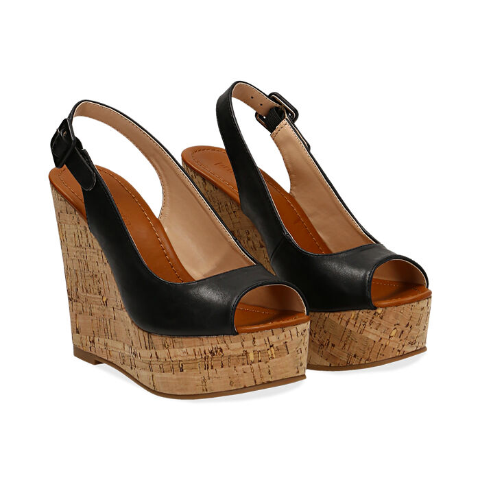 Sandalias negras destalonadas, tacón cuña 12 cm | Primadonna Collection