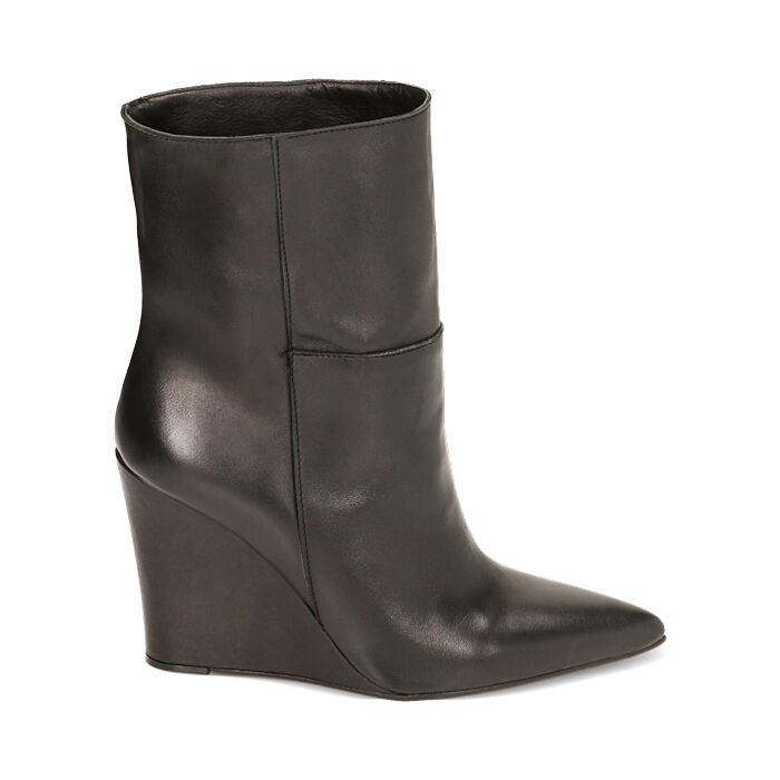 Stivaletti donna neri in pelle, zeppa 9,5 cm