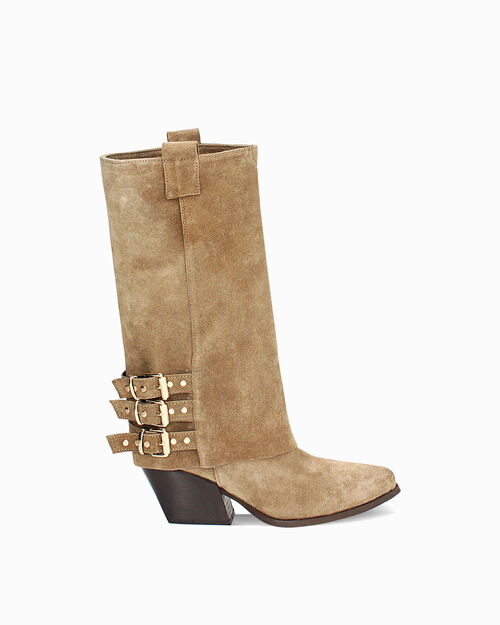 Bottines en daim taupe avec d&eacute;tails &eacute;l&eacute;gants, TAUPE