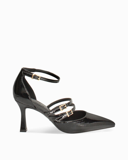 D&eacute;collet&eacute; negras con correas dorados tac&oacute;n 7,6 cm, BLACK