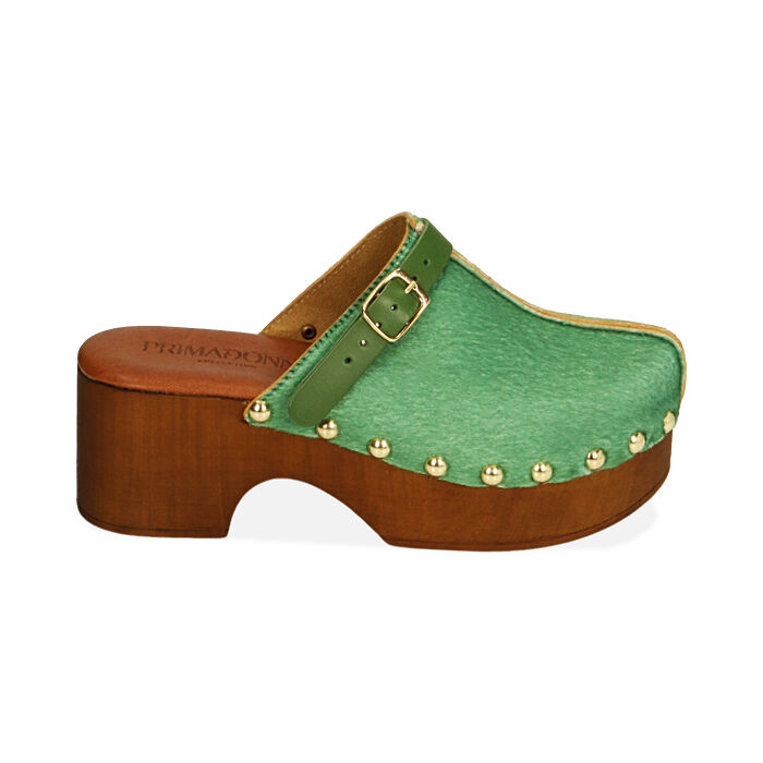 Clogs verdi in cavallino, tacco 6 cm , Primadonna, 194305215CWVERD035