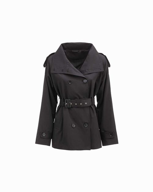 Trench nero doppio petto con cintura, BLACK