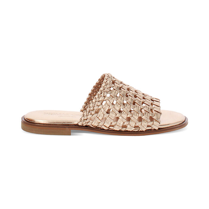 Sandalias planas mujer color oro de cuero tejido, Primadonna, 25B817032PIOROG036