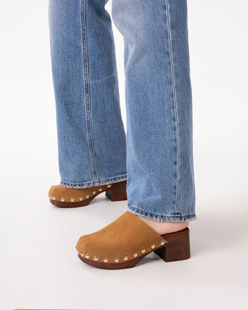 Zoccoli cognac tacco 6 cm, COGNAC