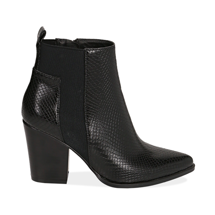 Camperos neri in eco-pelle, effetto snake, tacco 8 cm , Stivaletti, 140585962EVNERO041