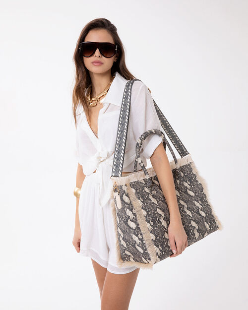 Borsa a spalla pitone nero-beige con tracolla, MULTI COLOR