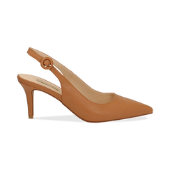 Décolleté Slingback cuoio in eco-pelle, tacco 7,5 cm,