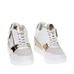 Sneakers bianco/oro, zeppa 7 cm, Primadonna, 237516531EPBIOR035, 002a
