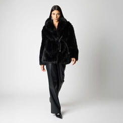 Giacca in pelo sintetico nera con cintura, Primadonna, 266500476FUNEROM, 002a