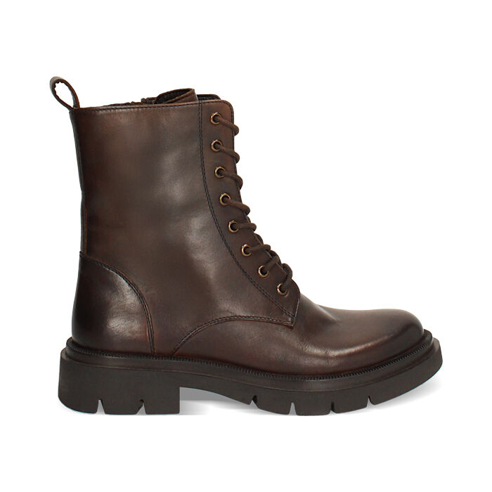 Bottines à lacets en cuir véritable brun foncé avec talon de 3,7 cm, Primadonna, 26N555093PEMORO035