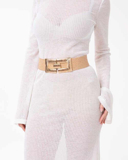 Cintura beige con fibbia oro, BEIGE