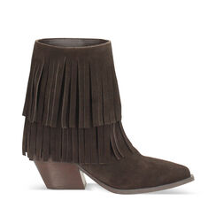 Botines en gamuza marrón oscuro con tacón de 7,2 cm, Primadonna, 26B800514CMMORO035, 001a