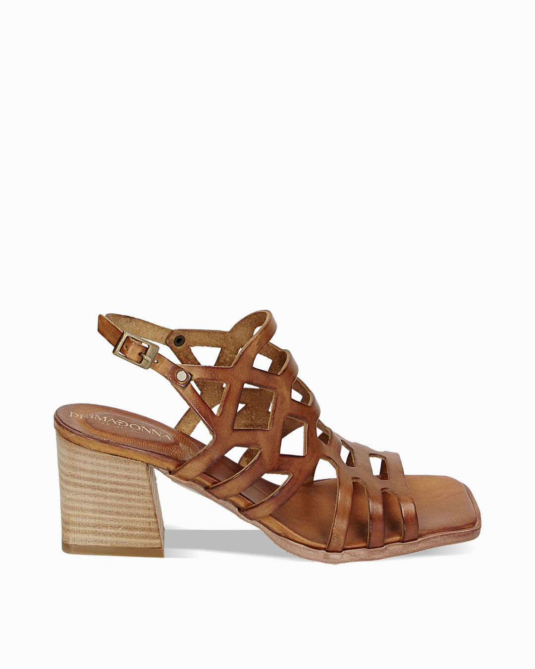 Sandali con tacco cognac in pelle 7 cm