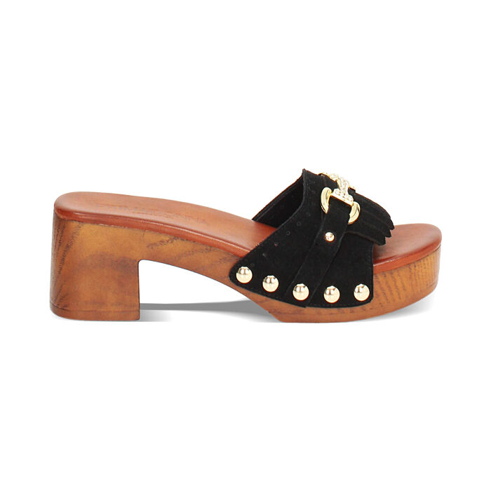 Zoccoli da donna con morsetto neri, in camoscio, Primadonna, 254990301CMNERO035