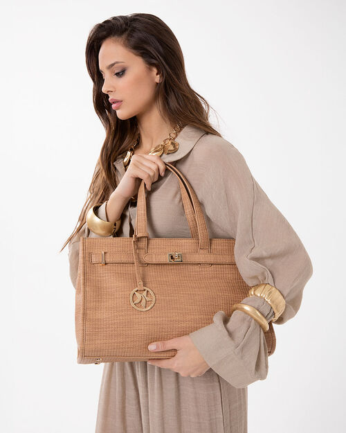Borsa a mano cognac con tracolla removibile, COGNAC