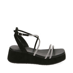 Sandali neri in microfibra, zeppa 5,5 cm, 214958501MFNERO035, 001a