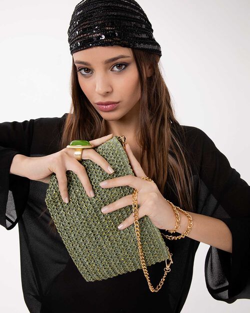 Pochette rafia verde con tracolla removibile, GREEN