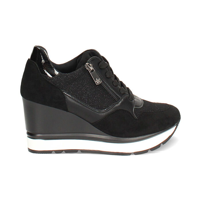Zapatillas deportivas negras en microfibra con tacón de 8,5 cm, Primadonna, 262811633MFNERO035