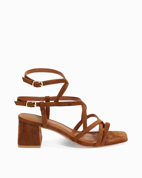 Sandalia con tac&oacute;n de mujer color co&ntilde;ac en microfibra, COGNAC