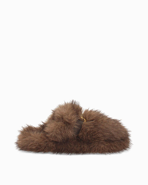 Pantoufles marron en fourrure synth&eacute;tique avec semelle en caoutchouc, BROWN