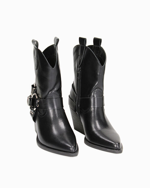 Tronchetti texani neri con fibbie, tacco 6,5 cm, BLACK