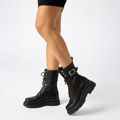 Bottines à lacets pour femme en cuir lavé noir, Primadonna, 261050504PANERO036, 002 preview