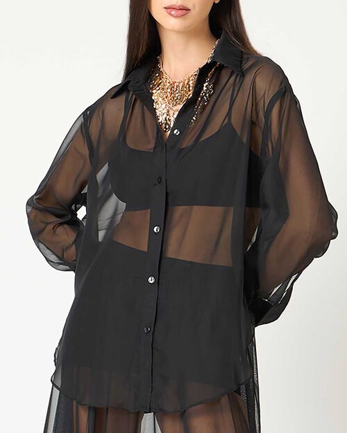 Camicia donna nero in tessuto trasparente, 