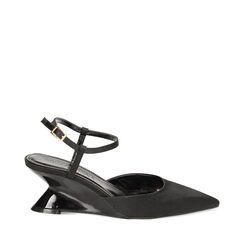 Décolleté slingback nere in raso, zeppa 6,1 cm, 232170501RSNERO035, 001a