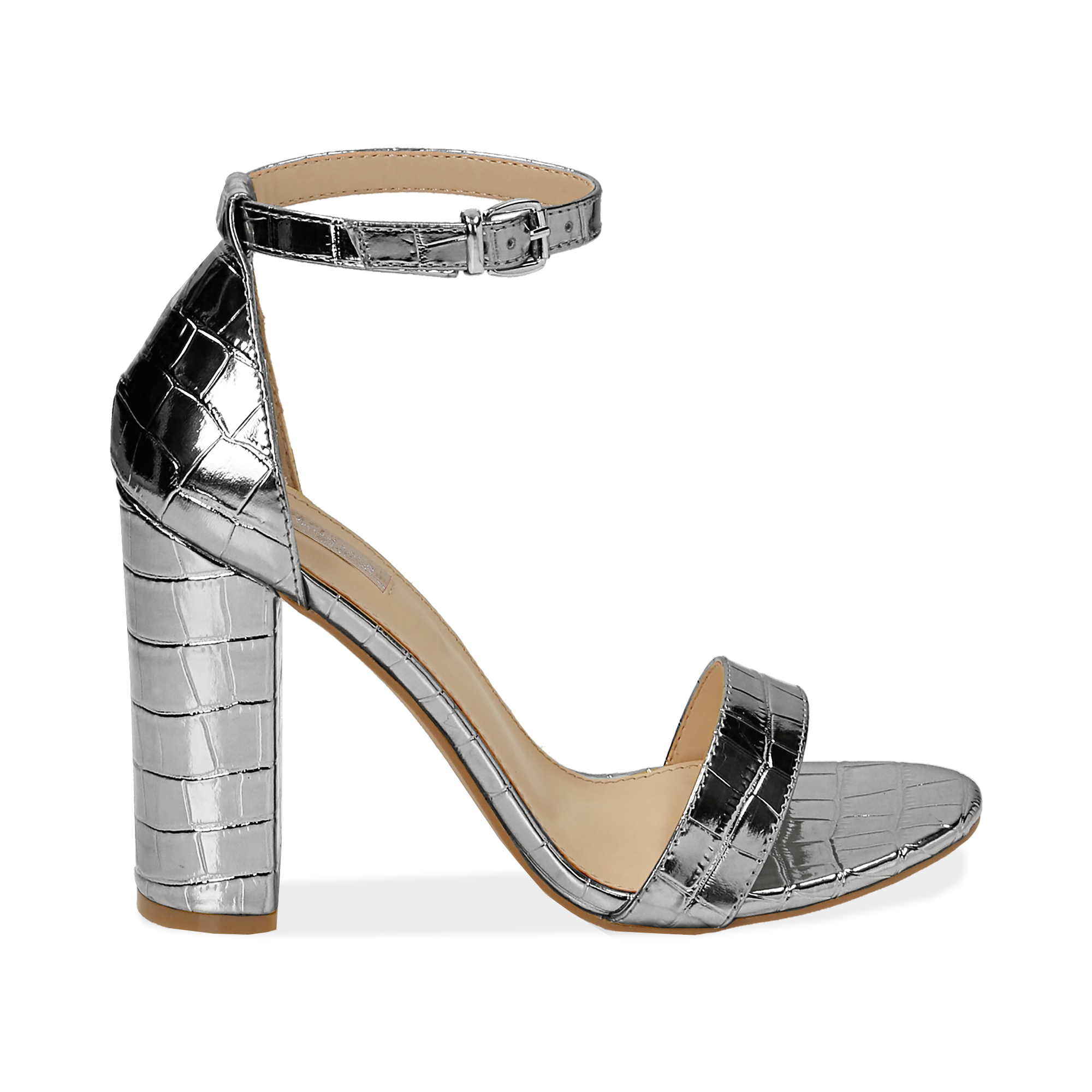 Sandalias en eco-piel con estampado de cocodrilo color plateado, tacón  10,50 cm | Primadonna Collection