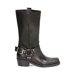 Biker neri in pelle lavata con accessorio sulla tomaia, Primadonna, 261044004PANERO036, 001a