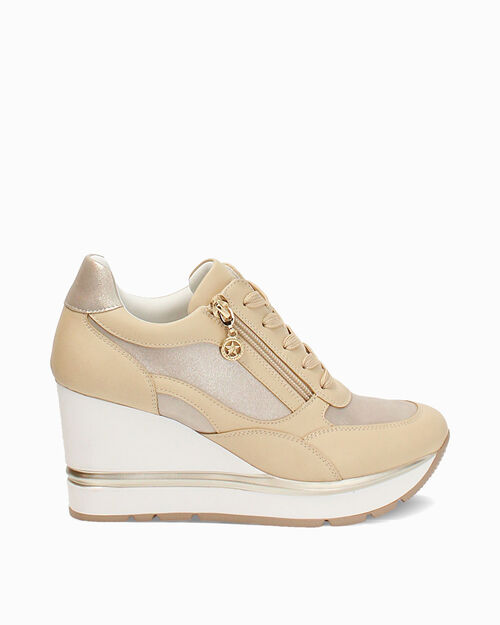 Sneakers beige con tacco 8 cm, BEIGE