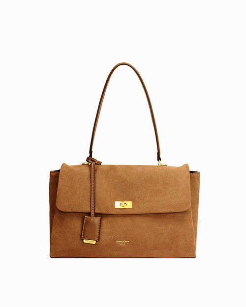Borsa a spalla camel con dettagli dorati, CAMEL