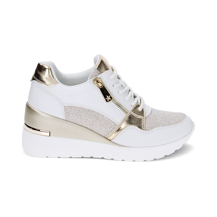 Sneakers bianco/oro, zeppa 7 cm, Primadonna, 237516531EPBIOR036