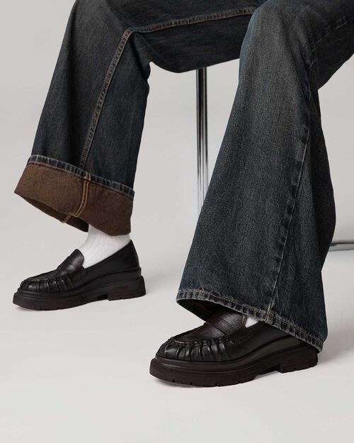 Dark brown washed leather loafer 5.5 cm heel, DK BROWN