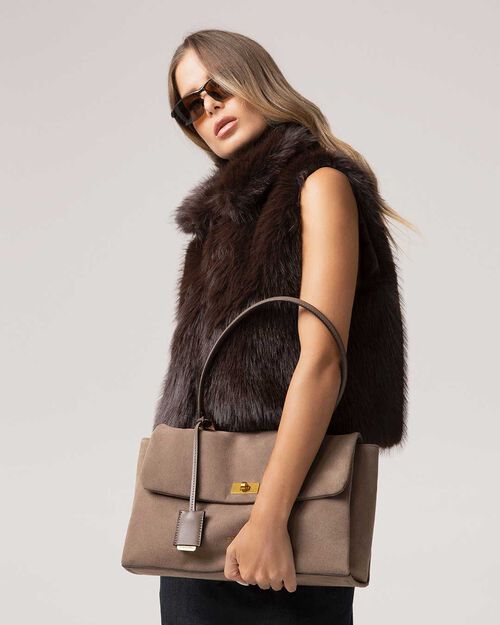 Borsa a spalla taupe con tracolla removibile, TAUPE