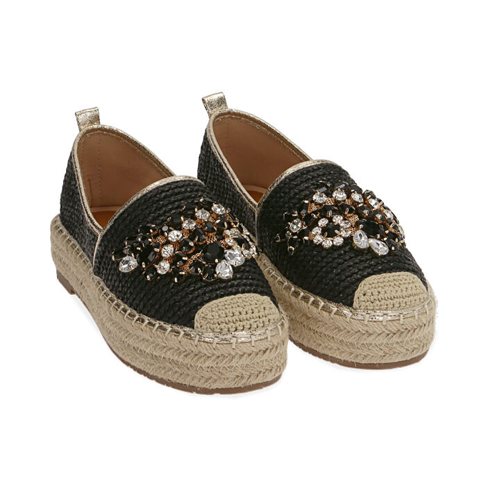 Espadrillas gioiello nere in rafia, platform 4 cm | Primadonna Collection
