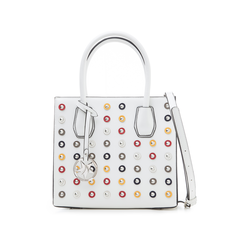 Borsa media bianca in eco-pelle con oblò multicolor,