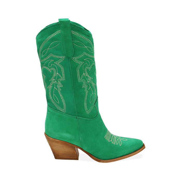 Stivali texani verdi in camoscio, tacco 7 cm, Primadonna, 21A500901CMVERD036