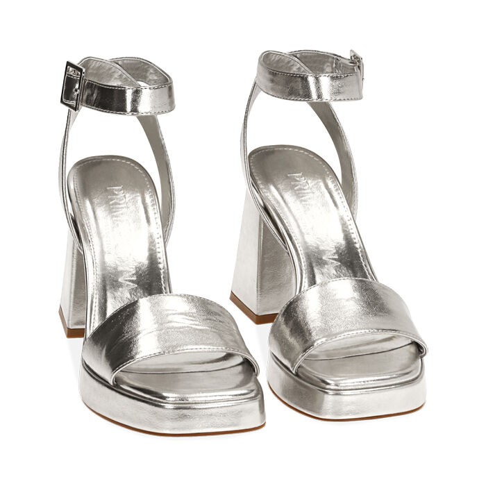 Sandali argento laminato, tacco cm